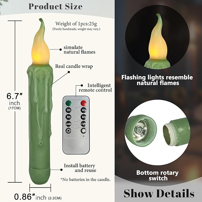 Sage Green Flameless Short Taper Candles, Real Wax Hand Dipped LED Battery Operated with Remote, Flickering Flame Lights for Festival Party Home Décor, 6.7 Inch Primitive Flameless Candles, 2PCS