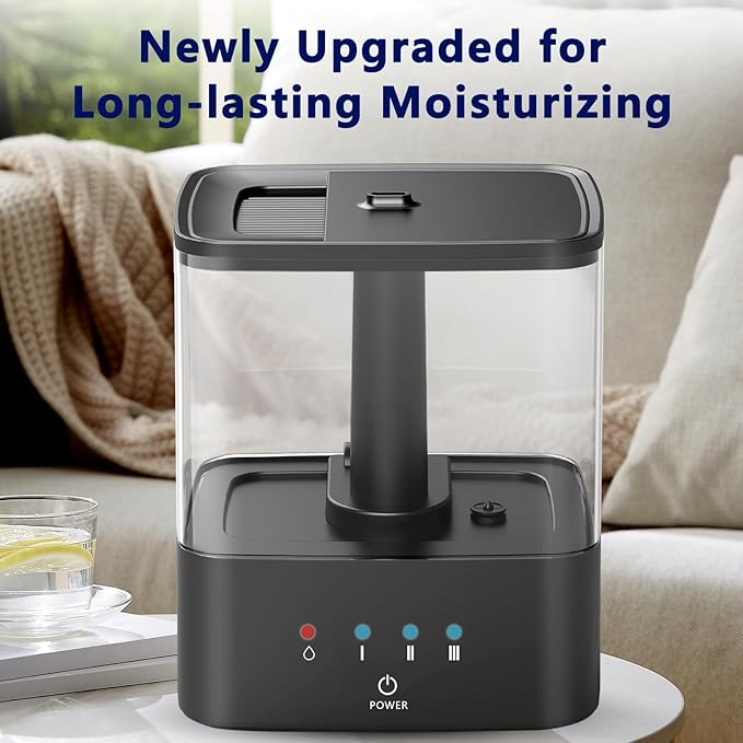KZF 4L Top Fill Humidifiers for Bedroom & 60H Runtime - Cool Mist Humidifier, 3 Mist Levels, 8H Timer, Essential Oil Tray, Humidity Display, Quiet for Bedroom, Baby, Plants, Large Room (Black, 3.8L)