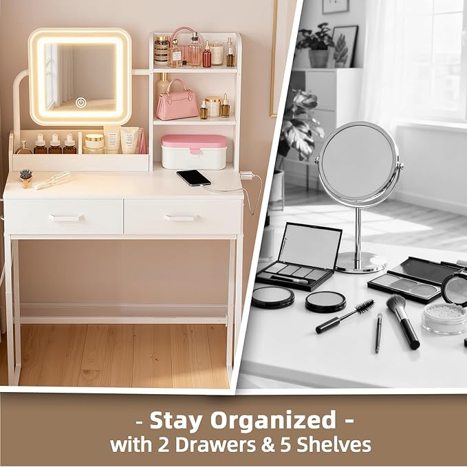 Compact Makeup Vanity for Girls with Mirror and Lights, Vanities Desk with 2 Drawers and Charging Station, Modern LED Lighted Bedroom Dressing Table, White