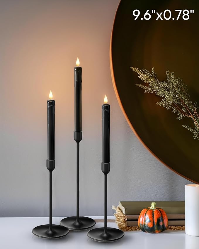 Homemory Black Flameless Taper Candles Flickering, NO Remote, 9.6 Inches Battery Operated, 6 Pcs Realistic Electric LED Candlesticks Made of Plastic for Halloween Party Home Decor