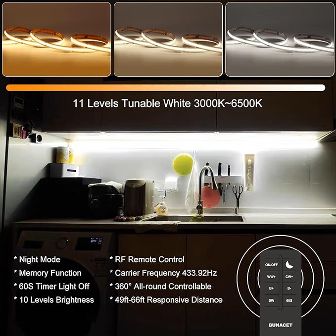 COB LED Strip Light 20ft/6m Tunable White 3000K-6500K, High Lumen CRI 90+ with UL Listed 24V Power Adapter RF Remote for Bedroom Counter Under Cabinet Kitchen Projects
