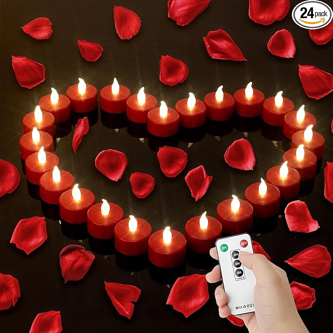 LED Tea Lights with Remote Control: Battery Operated Bulk Realistic and Bright Flickering Long Lasting 400+Hours Flameless Candles for Home Decor Holiday Wedding Party (24Pack, Red)