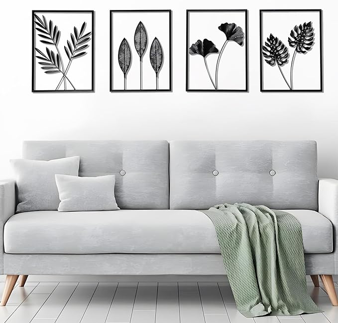 QXSXKJ Metal Wall Art, Black Frame Decor 4pack Modern Farmhouse Decor, 3d Metal Wall Ginkgo Art With Lamp for Living Room, Bedroom, Kitchen, Office (without light 17x12)