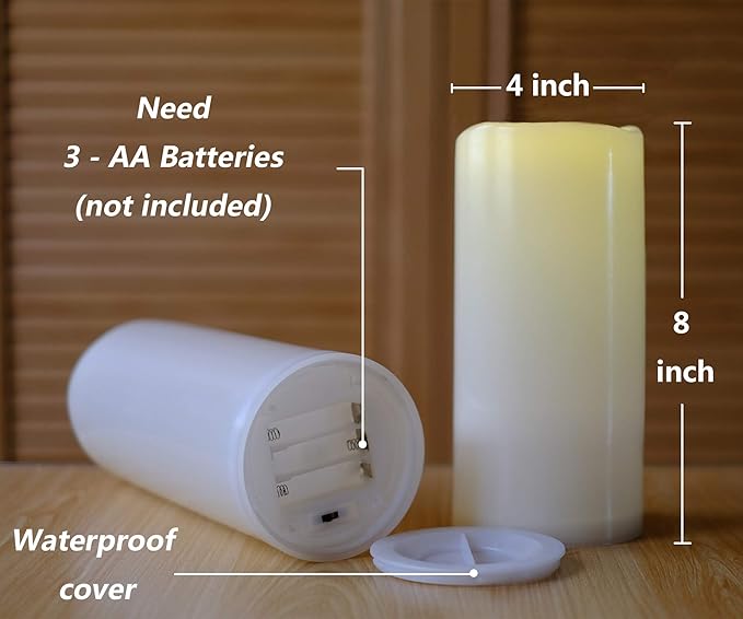 NONNO&ZGF 4X8 inch Huge Outdoor IP44 Warm White LED Rainproof Waterproof Candles, Large Flameless Battery LED Pillar Candle with Remote and Timer, Resin, No Melt, 2 Pack
