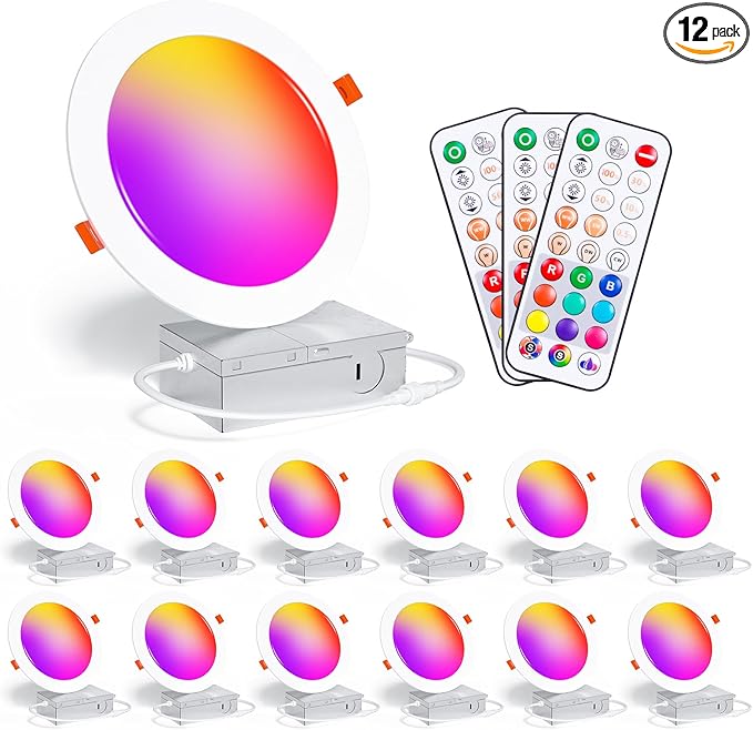 Recessed Lighting 6 Inch RGBCW Color Changing Canless LED Recessed Ceiling Light with Junction Box,16W 1350LM LED Downlight Dimmable by Remote Control, Memory, 3 Modes, Delayed Light Off, 12Pack