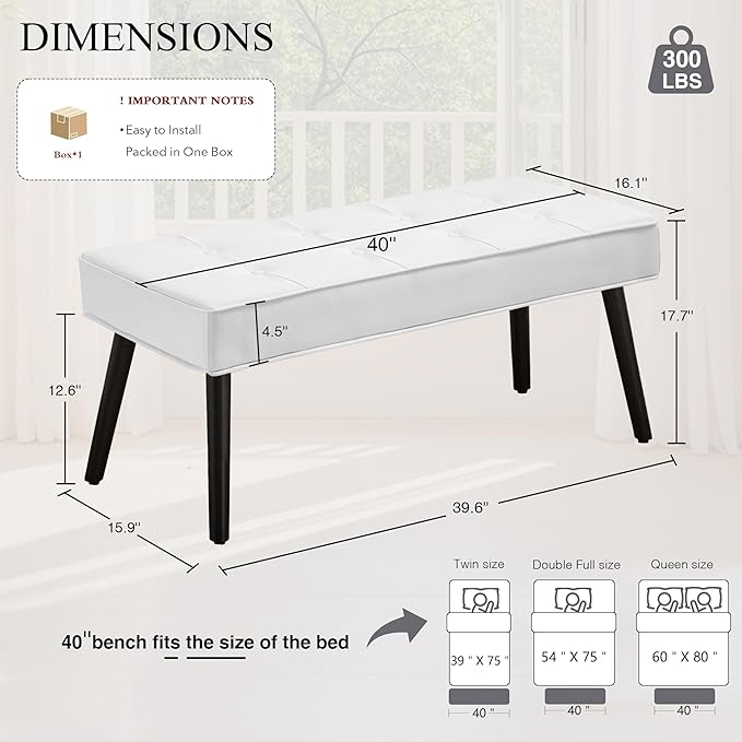 LOULENS 40'' PU Leather Tufted Ottoman Bench, Modern Upholstered End of Bed Bench, Waterproof Leather Entryway Bench with Wood Legs, Accent Footrest for Living Room, White