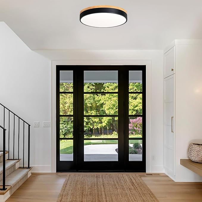 Modern Wood Flush Mount Ceiling Light, Black LED 5CCT 2700K-6000K Dimmable Ceiling Light Fixtures, Round Close to Lighting Fixture for Kitchen Living Room Dining Room Bedroom-15.8in