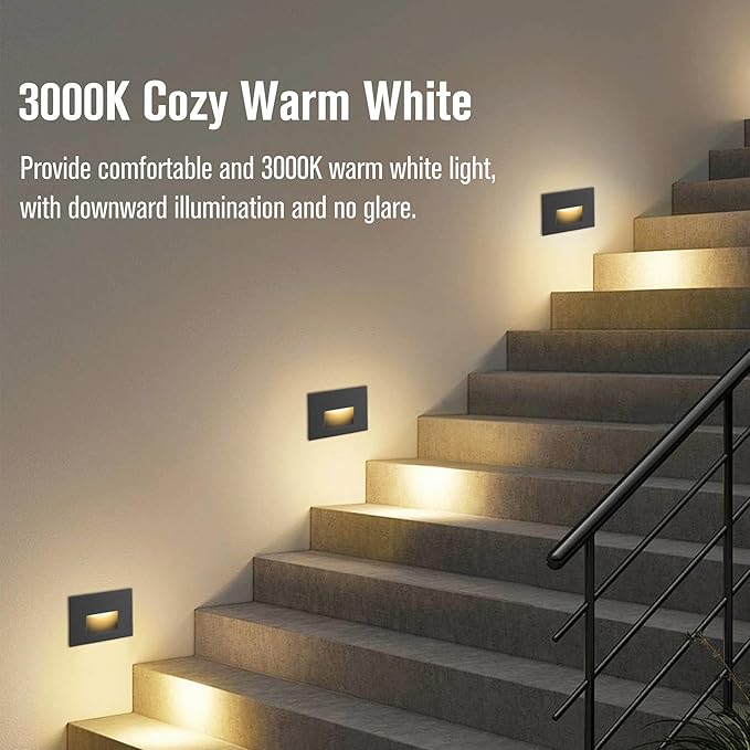 Outdoor Step Lights Indoor Stair Lights Dimmable 120V 4W 350LM, 3000K Warm White, IP66 Waterproof Horizontal LED Lights for Steps, Black Deck Stair Lights, 3-Pack