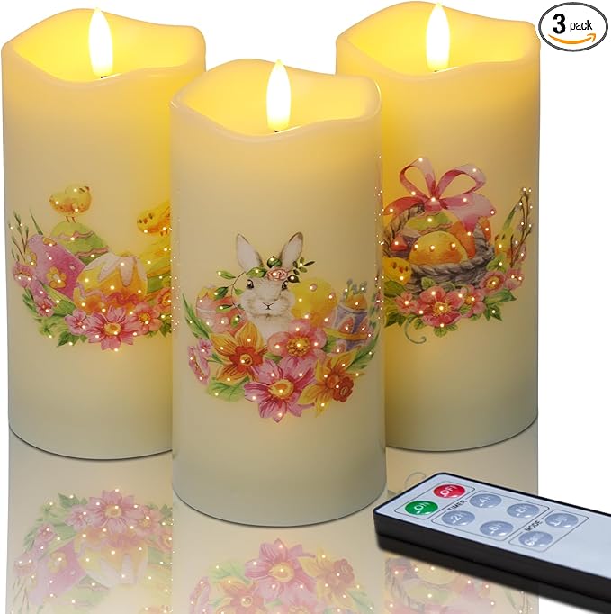 Eywamage Fiber Optic Easter Flameless Candles with Remote, Flickering Spring LED Pillar Candles Battery Operated Set of 3