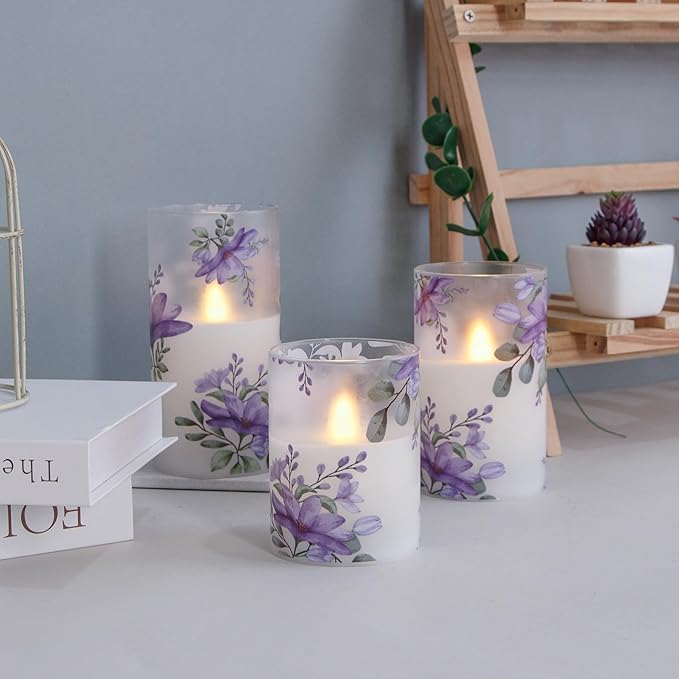 Flameless Flickering Glass Candles with Remote and Timer,Purple Flowers LED Battery Operated Real Wax Set of 3 Realistic Wick Electric Pillar Candles,Warm Fire(3 x 4, 5, 6 Inches)