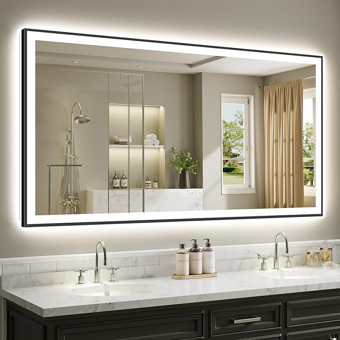 72x36 Inch LED Bathroom Mirror with Lights (Front Lit and Backlit) Black Framed Lighted Vanity Mirror for Bathroom Wall Dimmable Anti-Fog Memory Tempered Glass Horizontal/Vertical