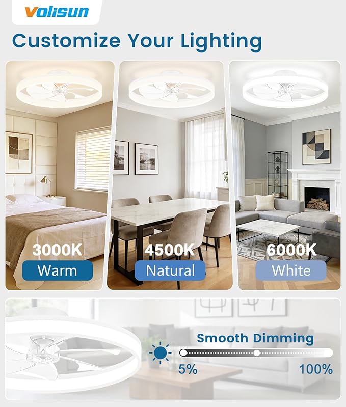 VOLISUN Low Profile Ceiling Fans with Lights and Remote, 27.6in Fandelier Ceiling Fan Flush Mount, 3000K-6500K Smart Bladeless LED Fan Light, White Modern Ceiling Fans with Lights for Bedroom