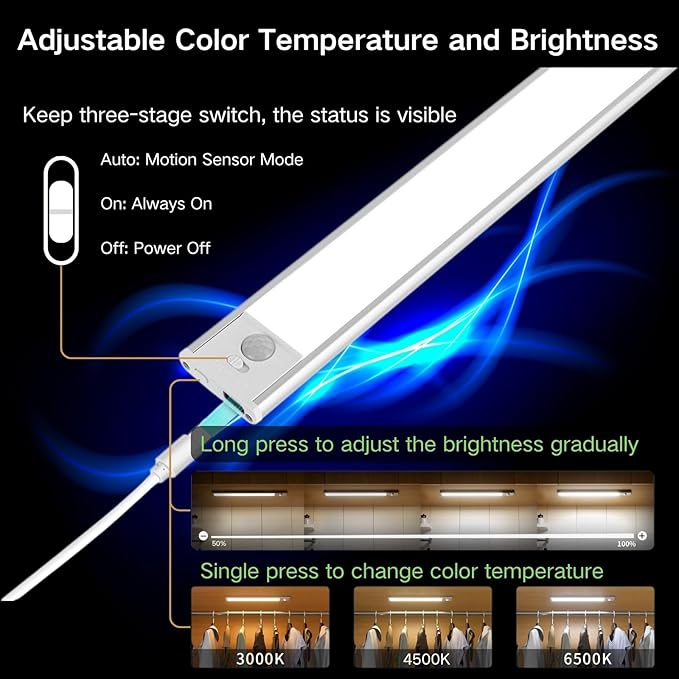 Motion Sensor Under Cabinet Lighting-Magnetic Rechargeable Closet Lights for Kitchen,Stairs,Wardrobe | 3-Color Dimmable LED Under Counter Lighting | Pro Battery Upgrade (2, 12 inch)