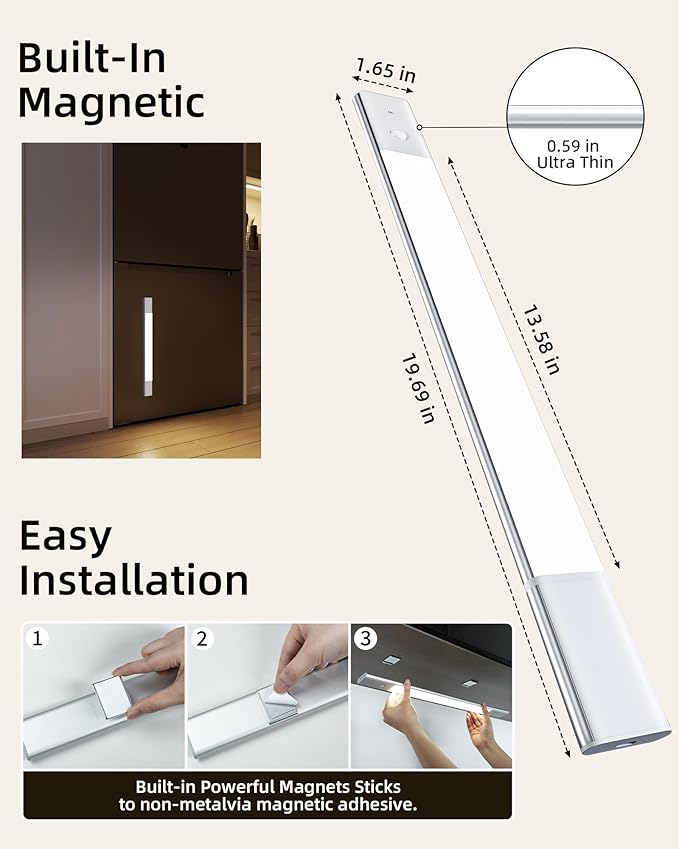 EZVALO Under Cabinet Lighting, Motion Sensor Closet Lights with Extra Detachable Battery, 76 LEDs Dimmable, 3 Color Temps, Under Counter Lights for Kitchen, Wardrobe