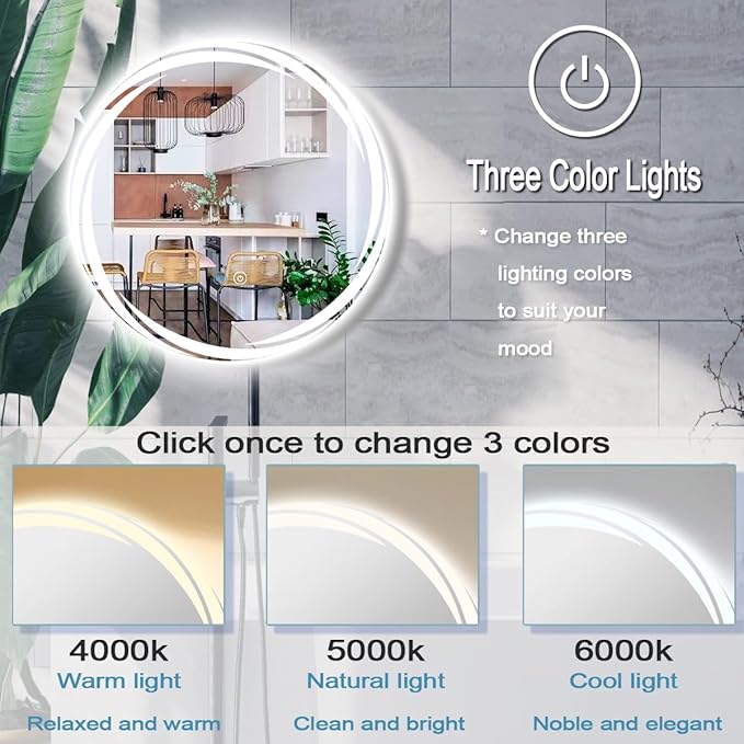 24 Inch Unique Swivel Round Lighted Mirror for Bathroom Hotel Wall LED Round Vanity Mirror with Lights Smart Memory 3 Color Dimmable AntiFog 24" Frameless Backlit Rounds Circle Lighted Mirrors