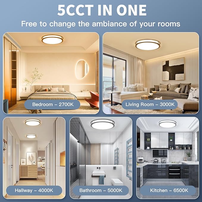 36W 12Inch LED Ceiling Light Fixtures, Flush Mount Light Fixtures, 5CCT 2700K 3000K 4000K 5000K 6500K, Close to Ceiling Light for Kitchen Bathroom Kitchen Bedroom, Super Bright 3800LM, Nickel, 2 Packs