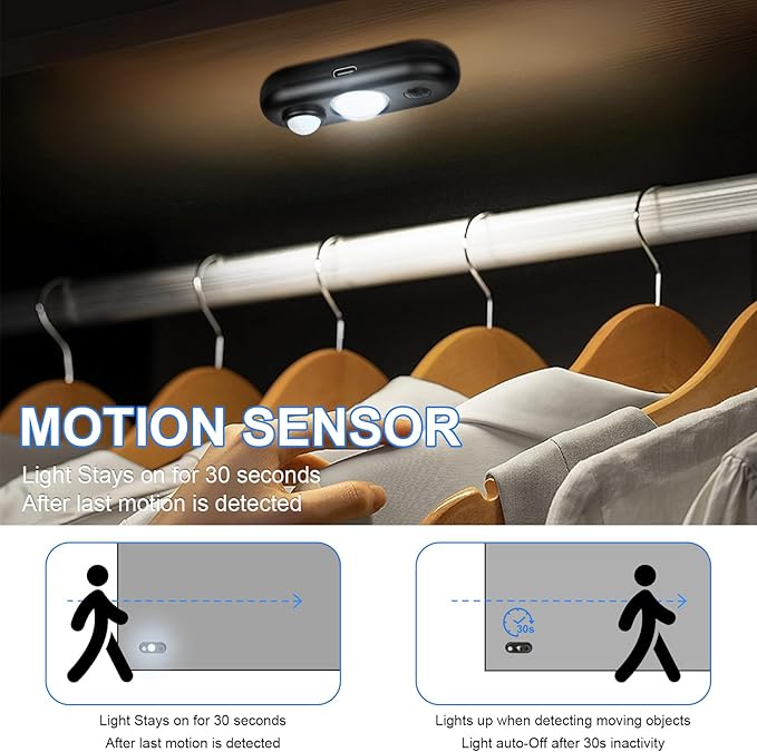 LED Motion Sensor Light Indoor, Black Magnetic Under Cabinet Lighting Daylight White, Dimmable Rechargeable Puck Lights for Closet, Kitchen, Stairs(6 Pack)