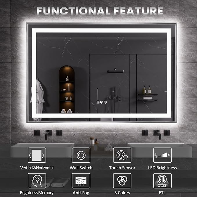 Amorho 72"x 36" LED Bathroom Mirror, Brushed Nickel Framed Mirror with Front Light and Backlit, Stepless Dimmable, Anti-Fog, Shatter-Proof, Memory, 3 Colors