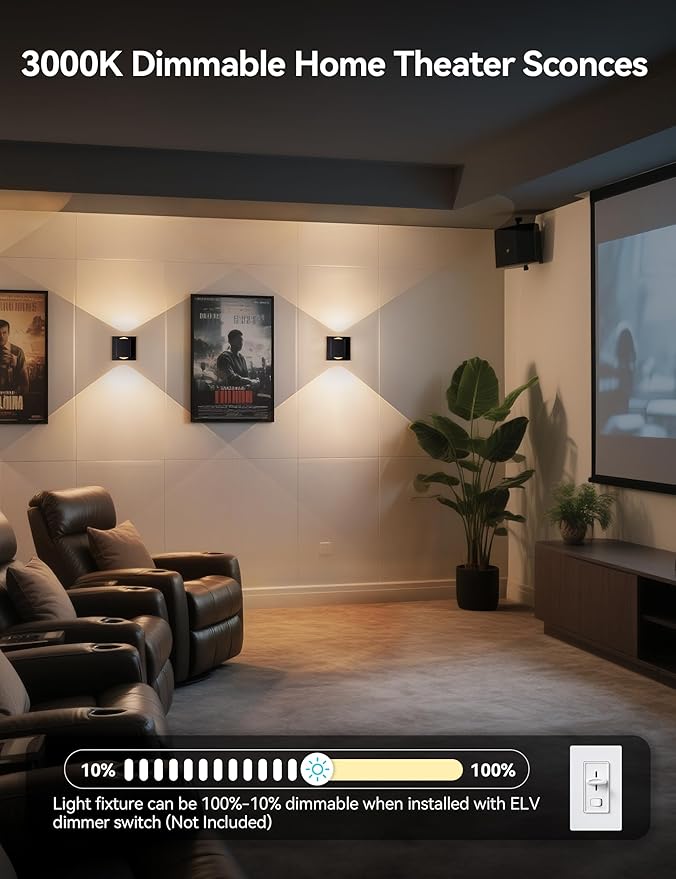 Tubicen Wall Sconces Indoor Hardwired Dimmable Movie Theater Sconces Lighting Square Modern 10W Bright LED Up and Down Wall Lights for Living Room Hallway Stairway 3000K Wide Area Illumination