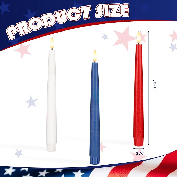 Patriotic Flameless Taper Candles With 3D Wick - 9.6" Real Wax Red White and Blue With Remote and Timer - 4th of July LED Battery Operated Fake Candles, 3 Pack
