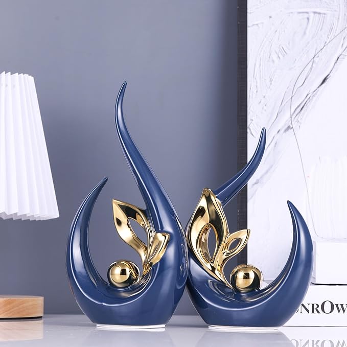 XMGZQ Blue Gold Ceramic Statues for Home Décor Accents,Abstract Art Mid Century Modern Decor,Elegantes Centerpiece Table Decorations,Navy Sculpture for Entryway,Bookshelf,Tv Stand,Mantel,Coffee Table