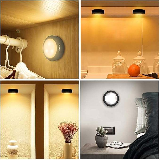 HOLKPOILOT Puck Lights with Remote Control, LED Under Cabinet Lighting, Battery Operated Light, Closet Dimmable Stick On Light (4Pack)