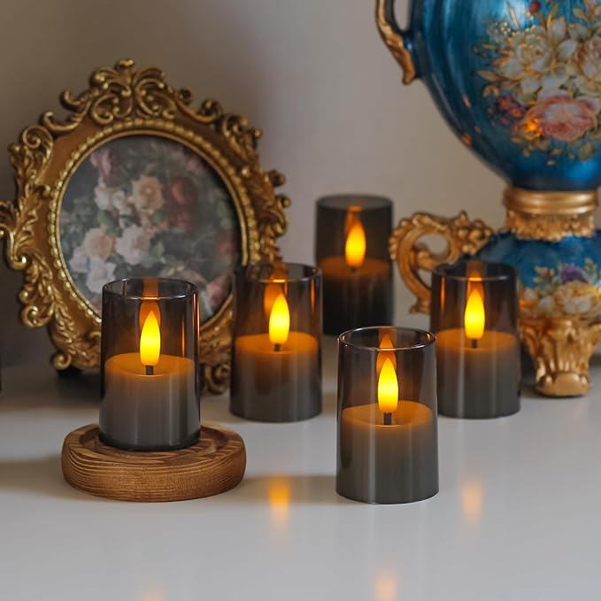 Rechargeable Acrylic Flameless Votive Candles with Timer & Remote Control, 1.7" x2.5" Flickering LED Warm Glow Tealight for Home, Wedding, Holiday Decor (Set of 9, Grey)