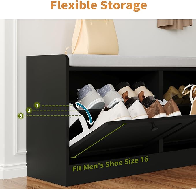 Modern Shoe Storage Bench fits up to Shoe Size 16, Entryway Bench with 2 Flip Drawers and Padded Seat Cushion, Wooden Shoe Bench with Storage for Entryway, Hallway, and Apartment, Black