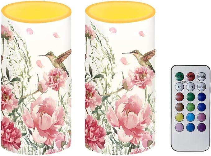 Bird Floral Flameless Candles 2 Pack 6 x 3 inch Battery Operated Candles with Multicolor Timer Remote Control LED Fake Candles for Warm Light Dinner Table Home Decor