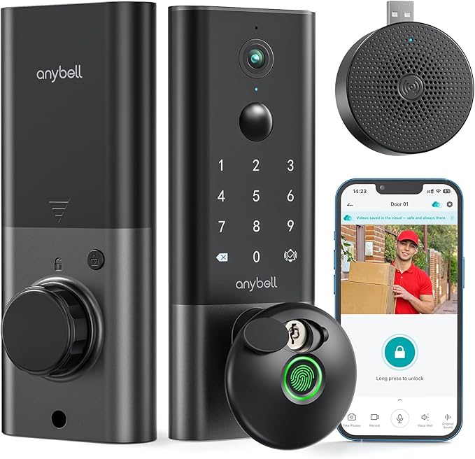 Fingerprint Smart Door Lock, ANYBELL Keyless Entry Door Lock with Camera, Built-in Wi-Fi Deadbolt for Front Door, Auto Lock, Cloudege App Control, Night Vision & Two-Way Audio, Home Security