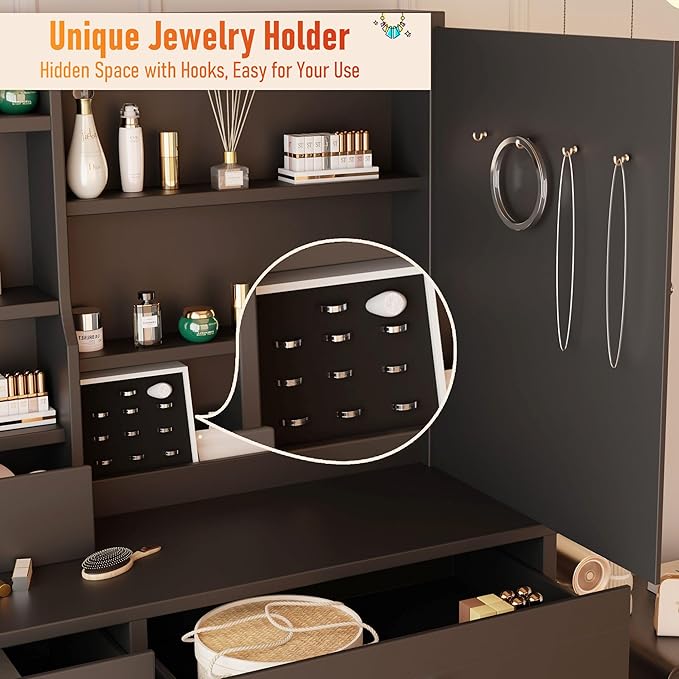 ALEAVIC Vanity Desk with Mirror and LED Lights, Makeup Vanity Set with Power Outlet, and Stool,Jewelry Storage,Black Vanity Desk for Bedroom