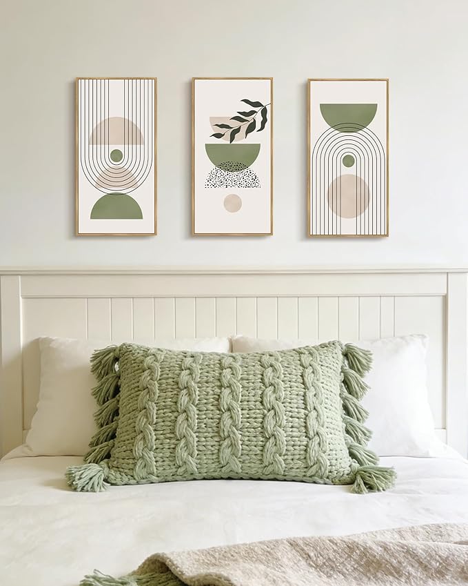 KUVIOKE Boho Wall Art Green Botanical Leaf Artwork Sage Framed Wall Decor for Bathroom 8x16in3pcs Natural Framed