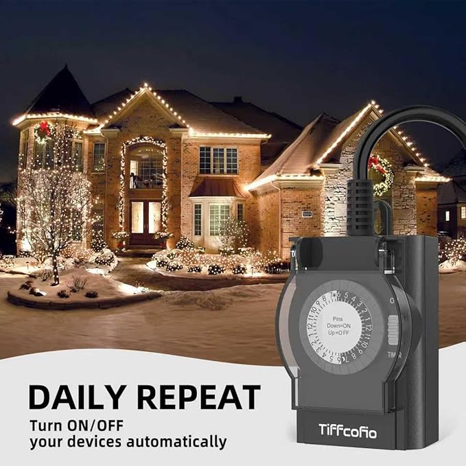 TiFFCOFiO Digital Outdoor Timer Outlet Waterproof, Dial Programmable Method, 2 Grounded Electrical Outlets for Pool Pump and Lights, 6 Sets of Programs, 15A/1875W (Mechanical, 2 Packs)