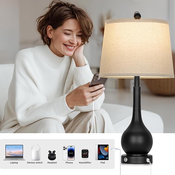 26" Black Table Lamps Set of 2, Touch Control Lamps for Living Room, 3-Way Dimmable Bedroom Bedside Lamps for Nightstands with USB A+C Port (2 LED Bulbs Included)