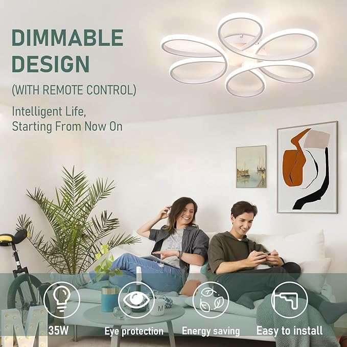 26inch Modern LED Ceiling Light, 6 Rings Flower Flush Mount Light Fixture with Remote Control White Dimmable Ceiling Lamp for Living Room, Bedroom, Dining Room, Hallway, Kitchen