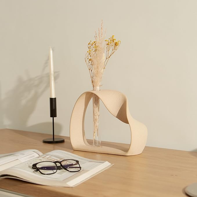 Ceramic Vase for Minimalist Home Decor - Boho Pampas Grass Vase - Stem Flower Vase for Coffee Table, Office Desk, Living Room, Kitchen, Wedding - Modern Vase for Centerpiece Table Decoration