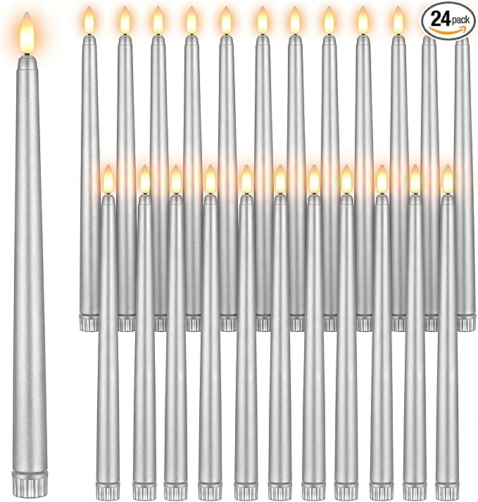 Macarrie 24 Packs Flameless Taper Candles Battery Operated Fake 11 Inch Long Candlelight LED Flameless Candlesticks Flickering Tapered for Spring Summer Wedding(Silver)