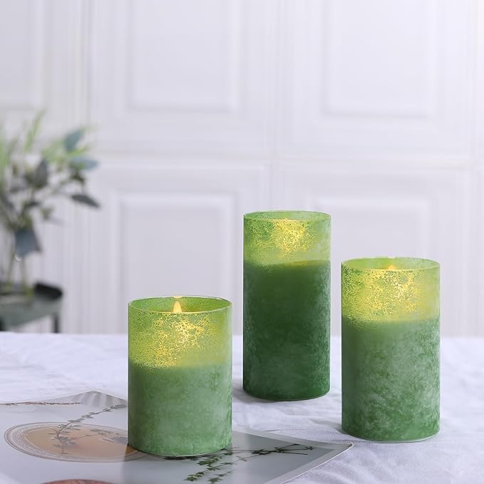 Green Battery Operated Candles with Remote and Timer, Real Wax Flickering Flameless Candles, Glass LED Pillar Candles for Party Wedding Halloween Christmas Decoration