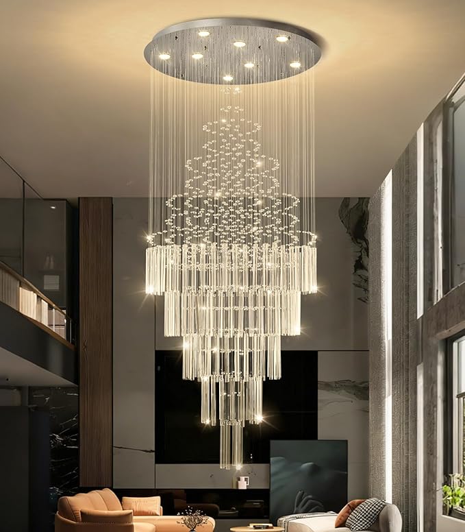 W24 x H78 Crystal Glam Chandelier Long Light Chandeliers with Dimmable Light Bulbs High Ceiling Light Fixtures for Foyer Entryway Living Room Stair Silver