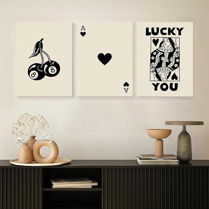 TWNSLLA Framed Retro Wall Art Set of 3 Lucky You Posters,Beige and Black Wall Art Decor,Trendy Queen Poker Ace Card Canvas Art Prints,Minimalist Modern Wall Decor Living Room Vintage Farmhouse Bathroom Decor Wall Art,12"x16"