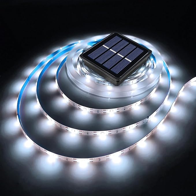 Solar LED Strip Lights Outdoor Waterproof Solar Powered Rope Light 19.6FT 180 LED 6000K White Cuttable Tape Lighting for Outside, Pool, Stair, Sign (Upgraded Version)