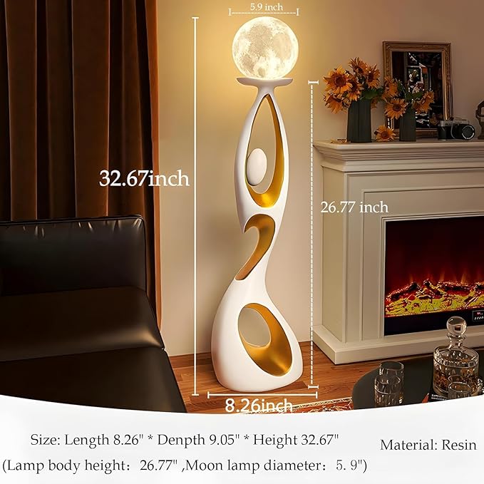Bofea-Lunar Lamp Modern Standing Lamps for Living Rooms & Offices,Great Living Room Décor,White Gold Tall Light with 3D Printing Frosted Moon Globe Shade, Mid Century Floor Light for Bedroom Reading