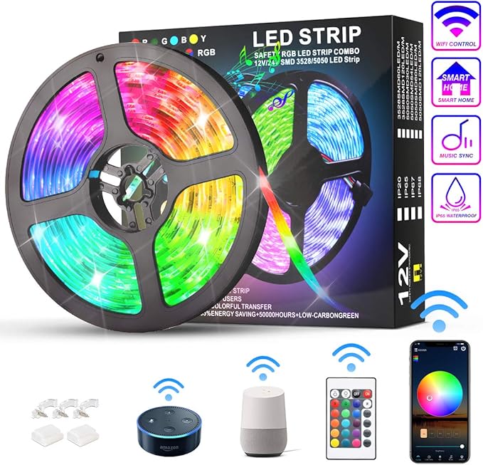 KATUR LED Strip Lights 16.4ft, Works with Alexa Google Assistant IP65 Waterproof 150 LEDs 5050 RGB, 16 Million Colors, Smart WiFi APP and 24 Keys Controller Control, Music Timed Dimmable Strip Lights