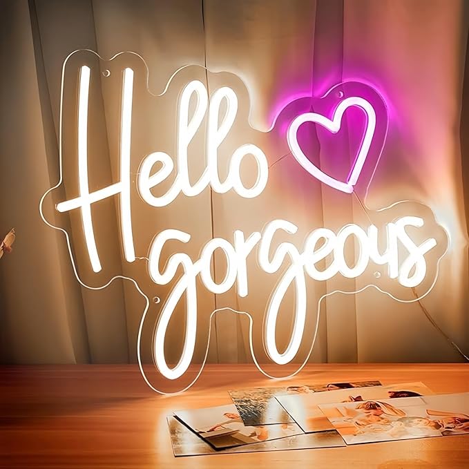 Hello Gorgeous LED Neon Signs for Wall Decor Neon Wall Art Acrylic LED Lights with Hanging Chain Light Up for Bedroom Decor Graduation Bar Pub Wedding Party 5V USB Powered Dimmable