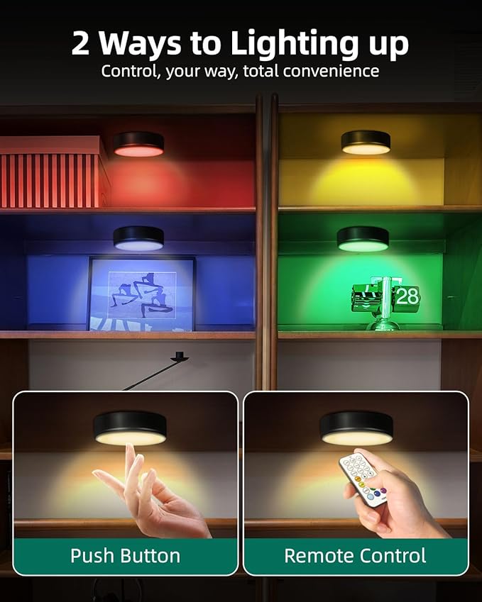 6-Pack Puck Lights with Remote, 1800mAh Rechargeable Under Cabinet Lighting, 3 Color Temps & 7 RGB Colors, Long-Lasting Dimmable Stick-On Lights for Cabinet, Kitchen, Shelf, Party