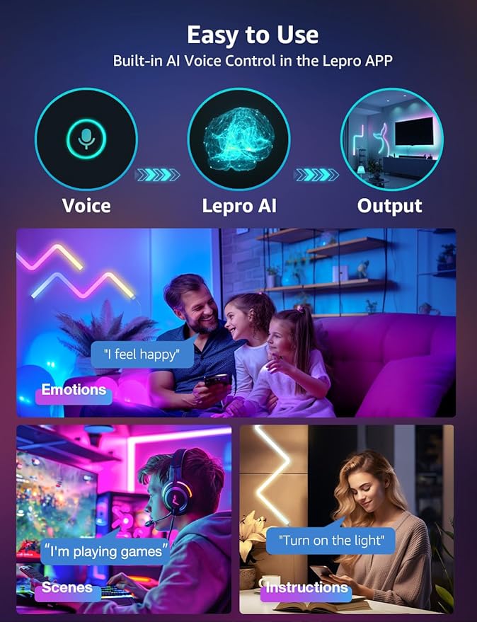 Lepro WL1 AI Smart RGB Wall Lights with LightBeats Music Sync, Personalized AI Lighting Designer, Voice Control Via App, Wi-Fi & Bluetooth LED Light Bars, 8 Pcs with 4 Corners
