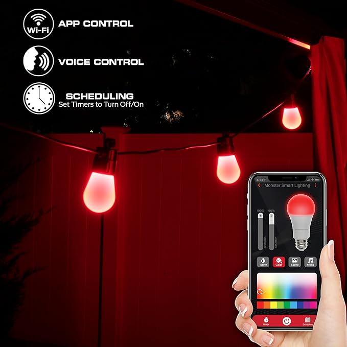 Monster 24 Foot Outdoor Smart RGB+IC+WW String Lights, 12 Bulb Color Flow Dimmable LEDs, Sound Reactive, Water & Weather Resistant, Compatible with Alexa, Siri, Google Home, App