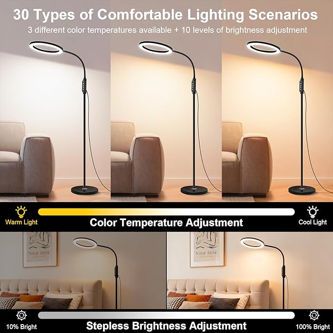 Bright 24W Dimmable LED Floor Lamps with Remote Adjustable Gooseneck Standing Light for Reading Makeup Tattoo Lash Extensions Black Modern Smart Tall Lamp Living Room Bedroom Office