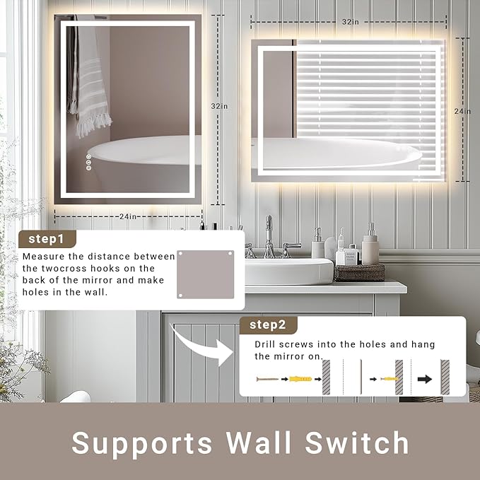 24"x 32" LED Bathroom Mirror with Stepless Dimmable, Backlight Wall Mirrors with Anti-Fog Bathroom Digital Mirror for Wall, 3 Color Modes, Memory Function Smart Mirror