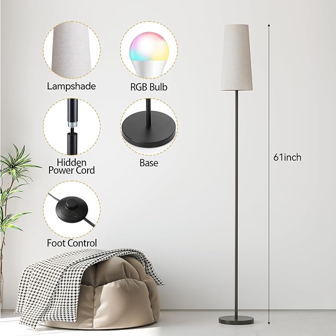 SUNMORY RGB Floor Lamps for Living Room, Smart APP Remote Control Standing Lamp with RGB Bulb, Dimmable Floor Lamp for Bedroom, Office, 61'' Tall Lamp, Suitable for Modern/Boho/Farmhouse Decor Styles